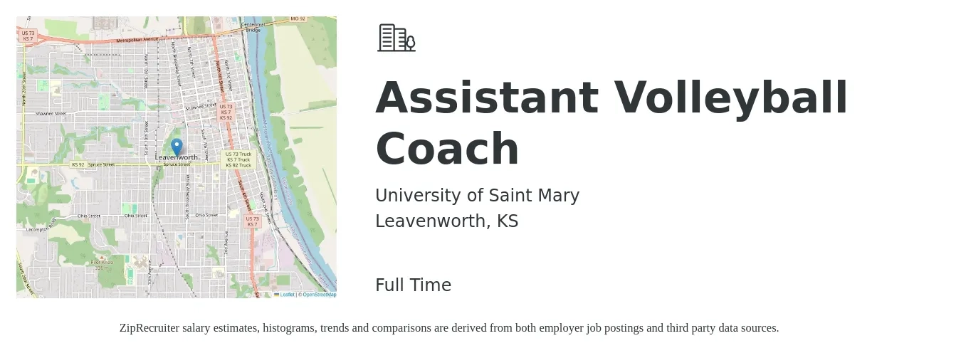 University of Saint Mary job posting for a Assistant Volleyball Coach in Leavenworth, KS with a salary of $12 to $31 Hourly with a map of Leavenworth location.