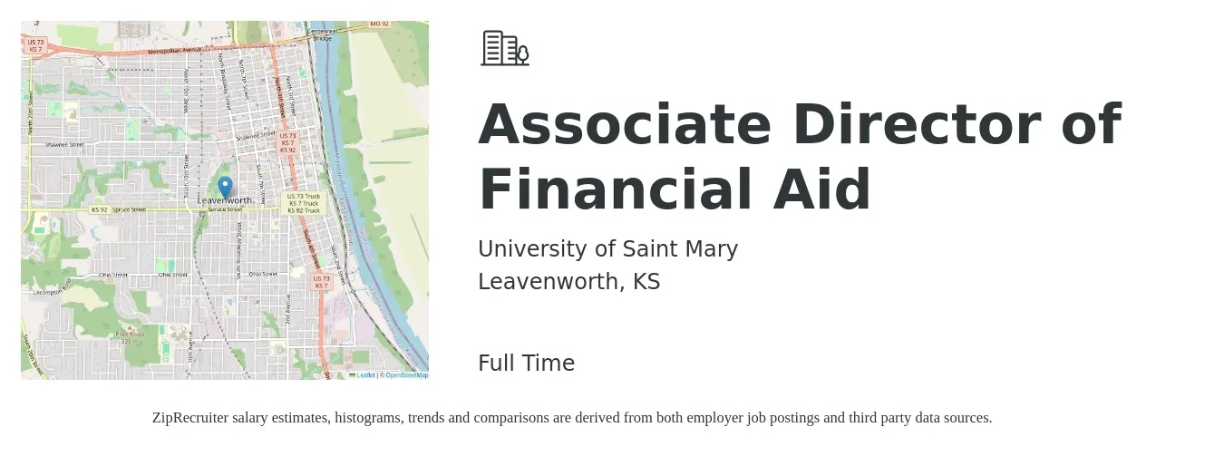 University of Saint Mary job posting for a Associate Director of Financial Aid in Leavenworth, KS with a salary of $52,800 to $71,500 Yearly with a map of Leavenworth location.