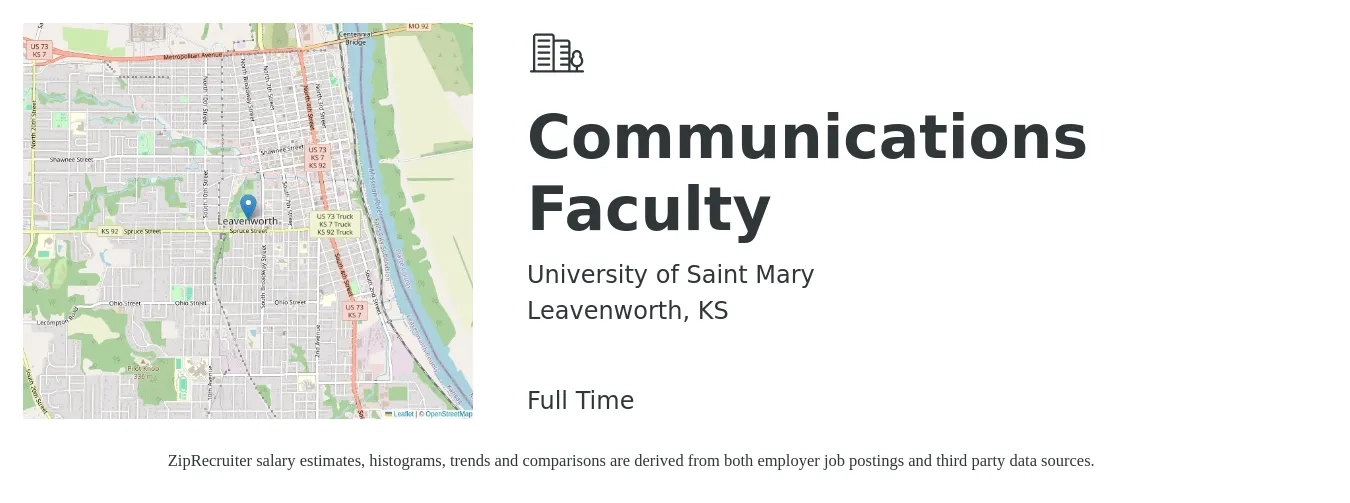 University of Saint Mary job posting for a Communications Faculty in Leavenworth, KS with a salary of $53,200 to $76,700 Yearly with a map of Leavenworth location.