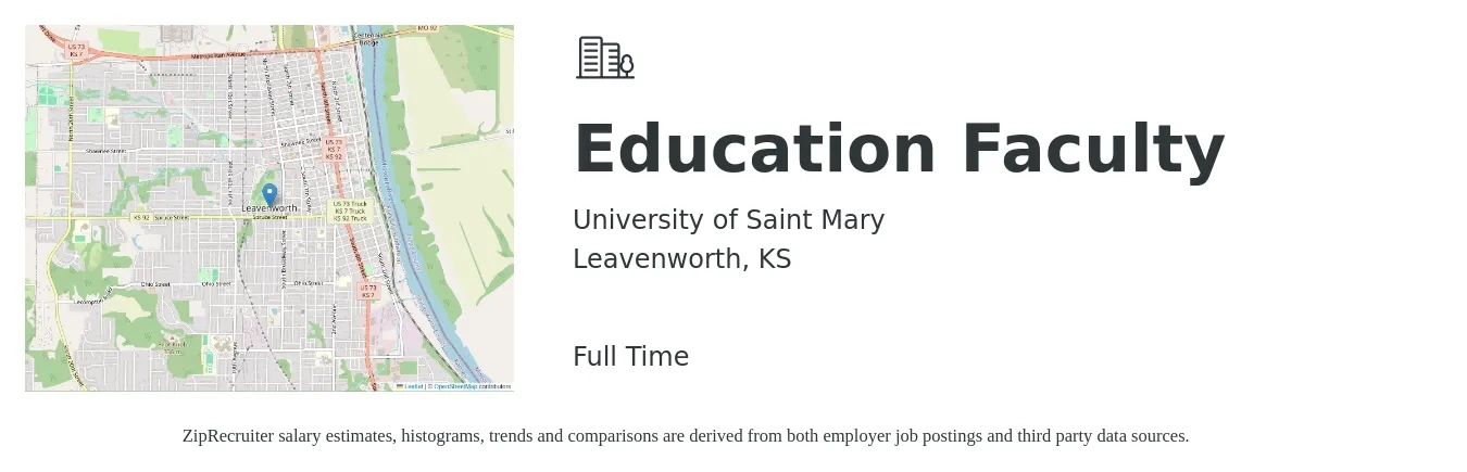 University of Saint Mary job posting for a Education Faculty in Leavenworth, KS with a map of Leavenworth location.