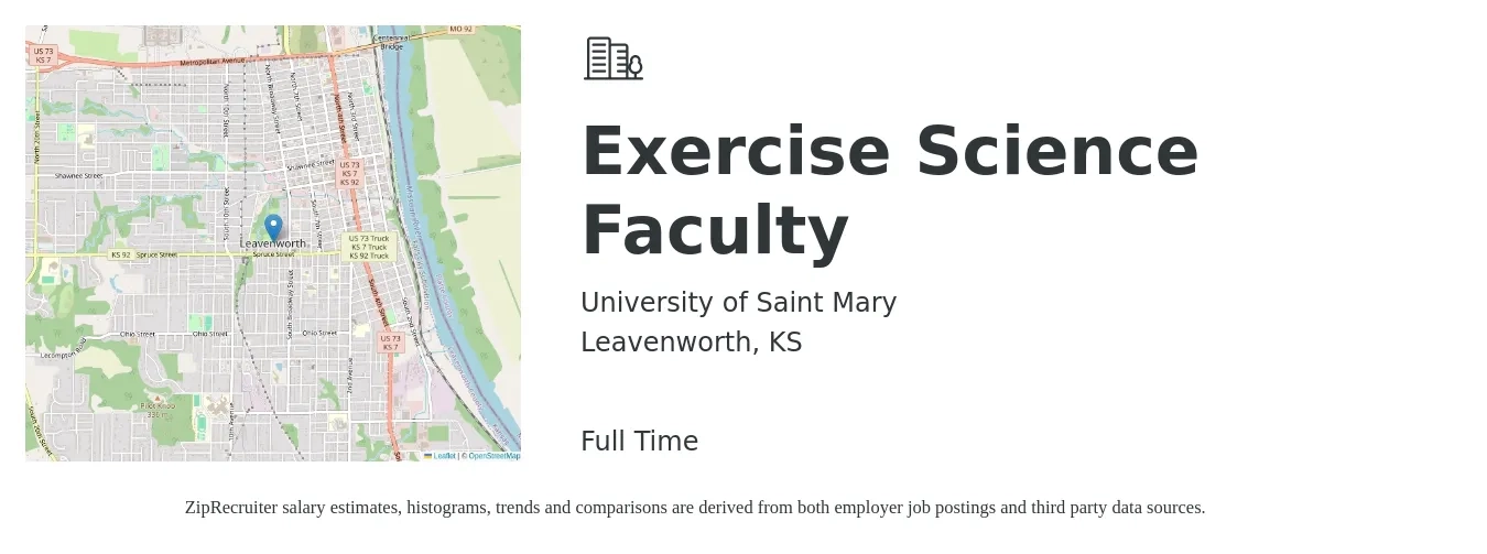 University of Saint Mary job posting for a Exercise Science Faculty in Leavenworth, KS with a salary of $128,100 to $145,300 Yearly with a map of Leavenworth location.