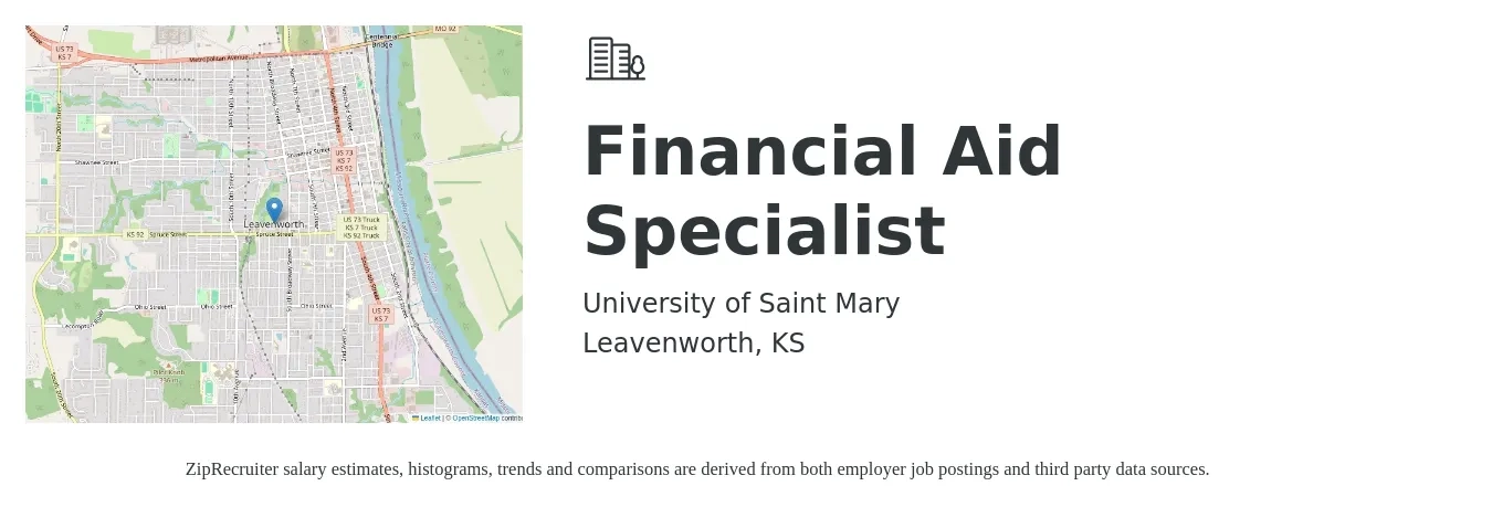 University of Saint Mary job posting for a Financial Aid Specialist in Leavenworth, KS with a salary of $37,400 to $49,400 Yearly with a map of Leavenworth location.