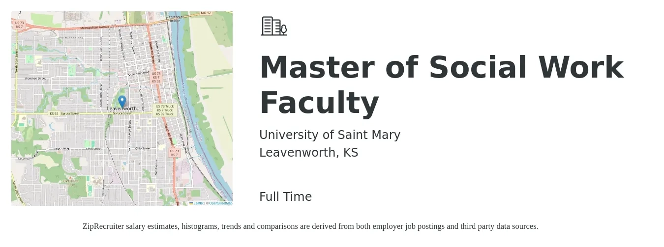 University of Saint Mary job posting for a Master of Social Work Faculty in Leavenworth, KS with a salary of $52,300 to $72,400 Yearly with a map of Leavenworth location.