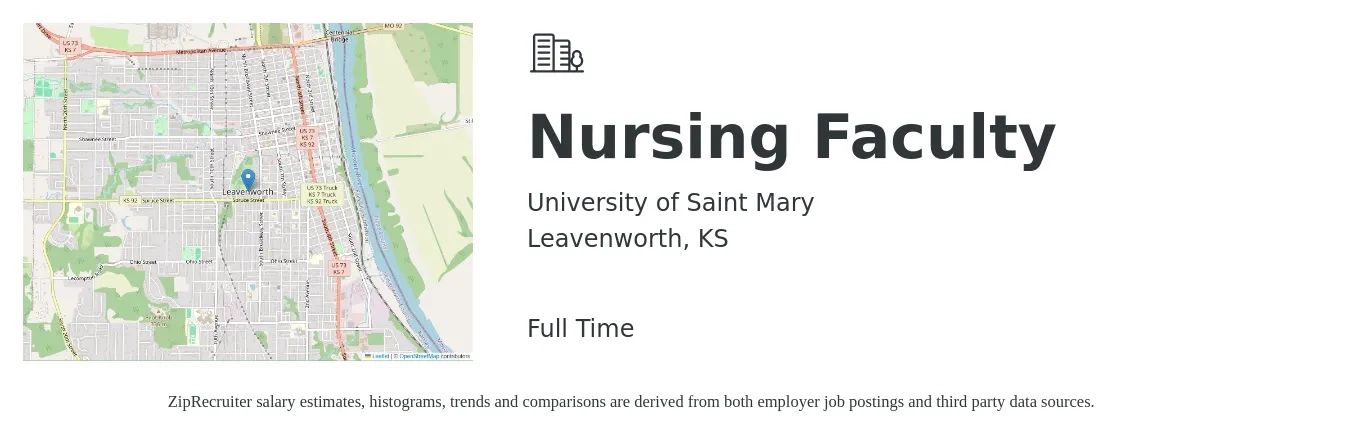 University of Saint Mary job posting for a Nursing Faculty in Leavenworth, KS with a salary of $59,000 to $90,200 Yearly with a map of Leavenworth location.