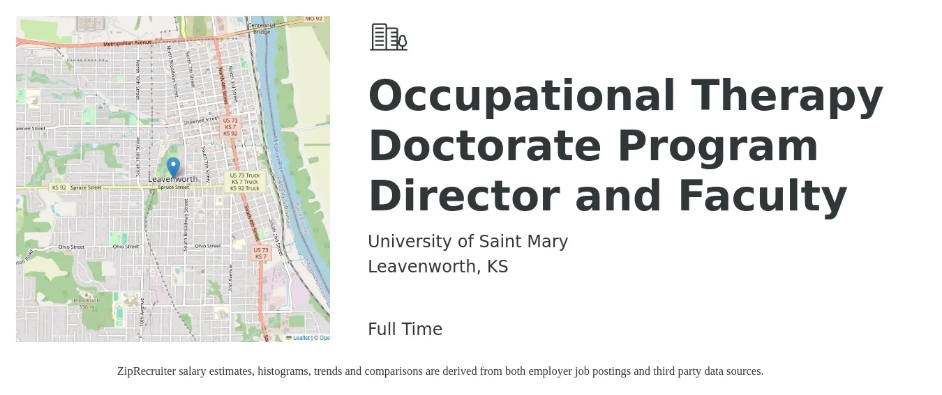 University of Saint Mary job posting for a Occupational Therapy Doctorate Program Director and Faculty in Leavenworth, KS with a salary of $62,400 to $85,400 Yearly with a map of Leavenworth location.