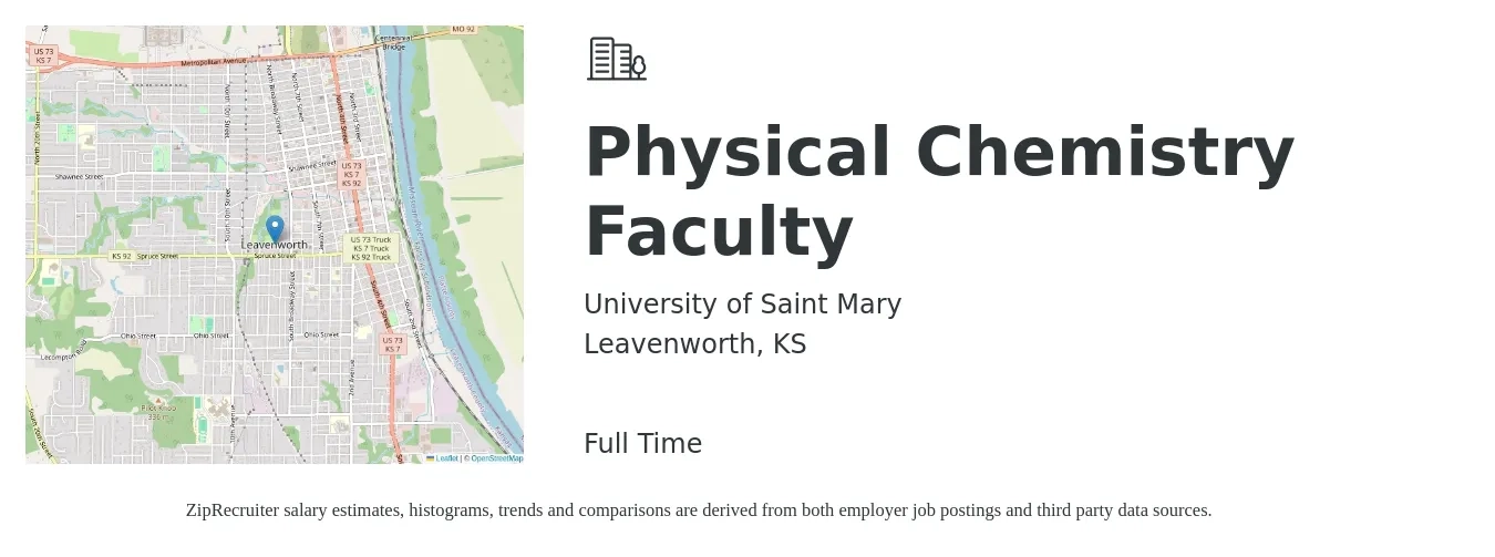 University of Saint Mary job posting for a Physical Chemistry Faculty in Leavenworth, KS with a salary of $66,200 to $95,000 Yearly with a map of Leavenworth location.