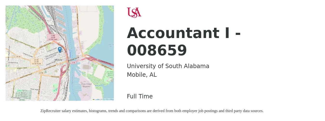 University of South Alabama job posting for a Accountant I - 008659 in Mobile, AL with a salary of $52,900 to $77,700 Yearly with a map of Mobile location.