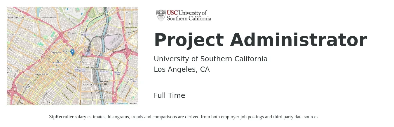 University of Southern California job posting for a Project Administrator in Los Angeles, CA with a salary of $24 to $38 Hourly with a map of Los Angeles location.
