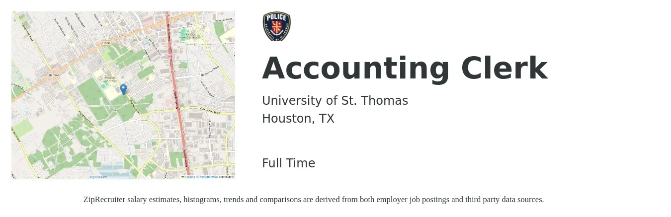 University of St. Thomas job posting for a Accounting Clerk in Houston, TX with a salary of $18 to $23 Hourly with a map of Houston location.