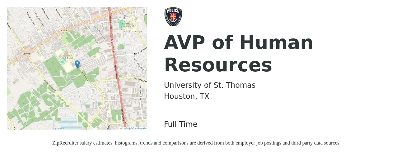 University of St. Thomas job posting for a AVP of Human Resources in Houston, TX with a salary of $84,500 to $130,300 Yearly with a map of Houston location.