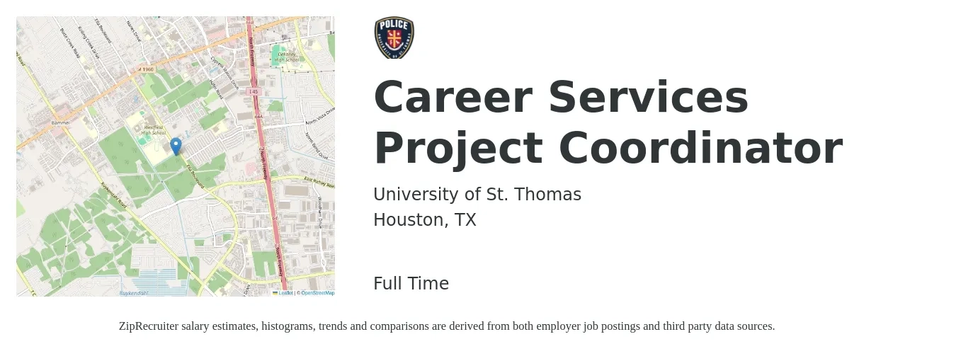 University of St. Thomas job posting for a Career Services Project Coordinator in Houston, TX with a map of Houston location.