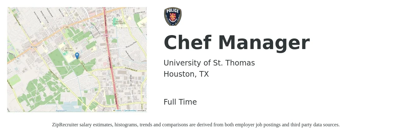 University of St. Thomas job posting for a Chef Manager in Houston, TX with a salary of $47,700 to $67,800 Yearly with a map of Houston location.