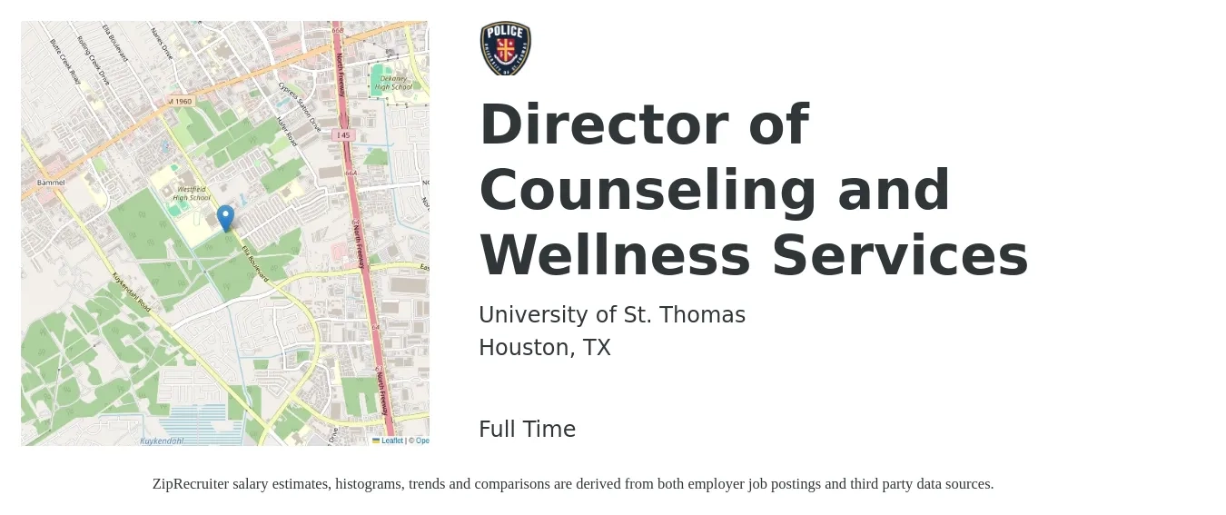 University of St. Thomas job posting for a Director of Counseling and Wellness Services in Houston, TX with a salary of $50,100 to $78,300 Yearly with a map of Houston location.