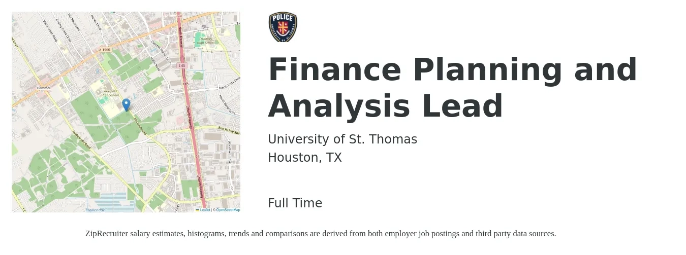 University of St. Thomas job posting for a Finance Planning and Analysis Lead in Houston, TX with a salary of $68,300 to $102,600 Yearly with a map of Houston location.