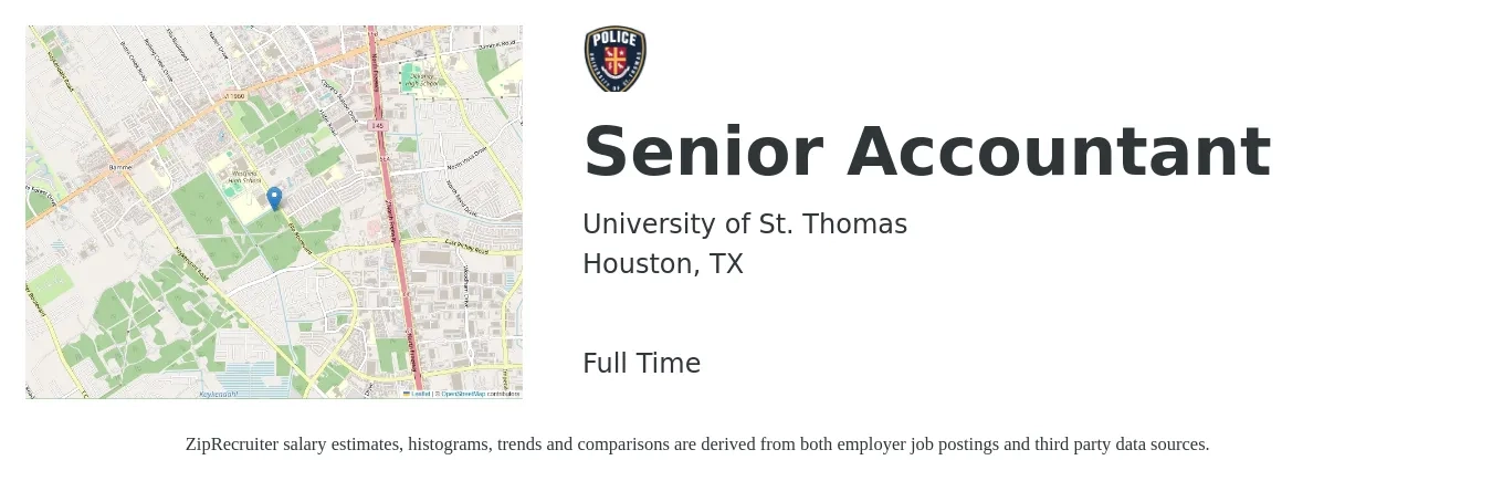 University of St. Thomas job posting for a Senior Accountant in Houston, TX with a salary of $70,600 to $88,800 Yearly with a map of Houston location.