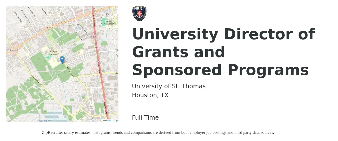 University of St. Thomas job posting for a University Director of Grants and Sponsored Programs in Houston, TX with a salary of $66,300 to $104,500 Yearly with a map of Houston location.