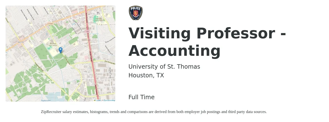 University of St. Thomas job posting for a Visiting Professor - Accounting in Houston, TX with a salary of $92,100 to $163,200 Yearly with a map of Houston location.