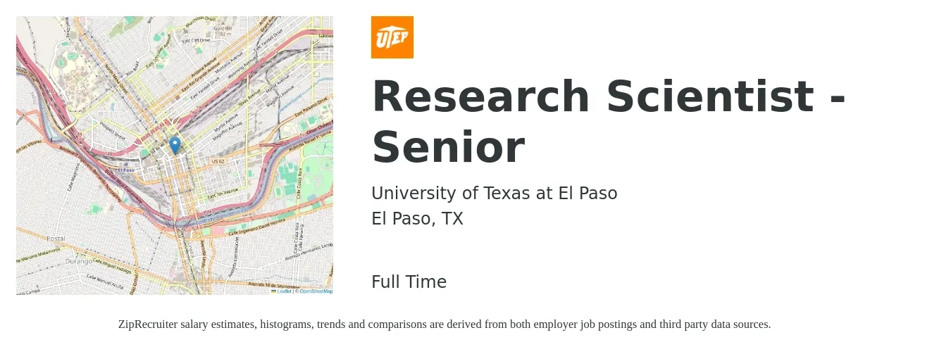 University of Texas at El Paso job posting for a Research Scientist - Senior in El Paso, TX with a salary of $89,000 to $113,400 Yearly with a map of El Paso location.