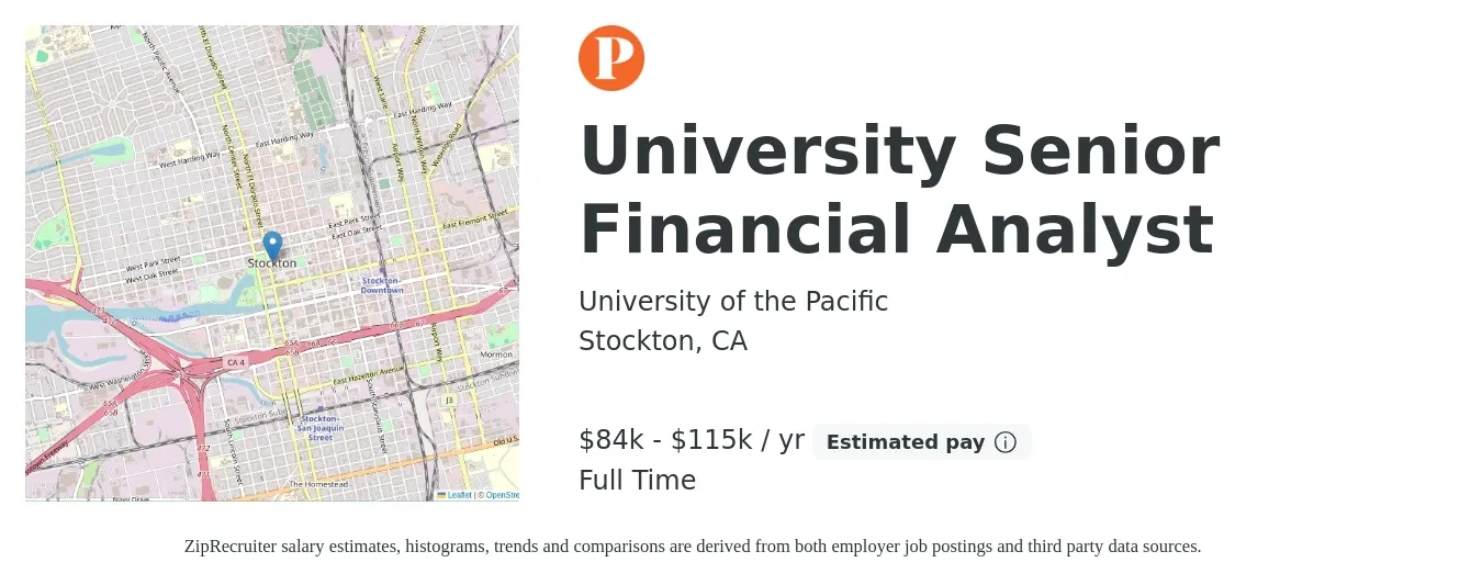 University of the Pacific job posting for a University Senior Financial Analyst in Stockton, CA with a salary of $84,137 to $115,680 Yearly with a map of Stockton location.