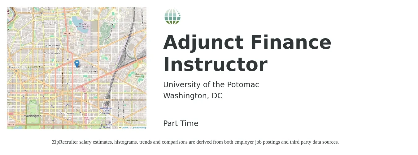 University of the Potomac job posting for a Adjunct Finance Instructor in Washington, DC with a salary of $34 to $68 Hourly with a map of Washington location.