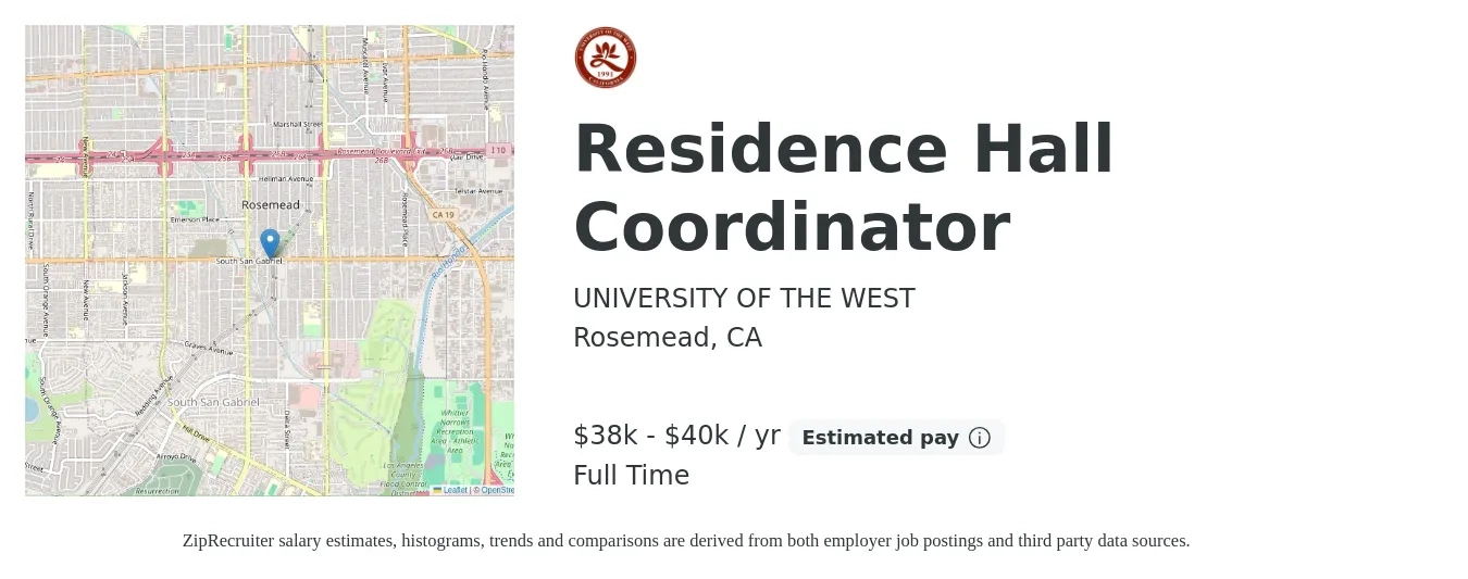 UNIVERSITY OF THE WEST job posting for a Residence Hall Coordinator in Rosemead, CA with a salary of $38,000 to $40,000 Yearly with a map of Rosemead location.