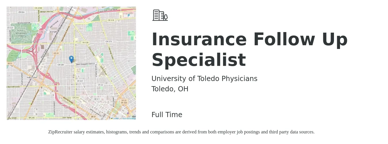 University of Toledo Physicians job posting for a Insurance Follow Up Specialist in Toledo, OH with a salary of $18 to $21 Hourly with a map of Toledo location.