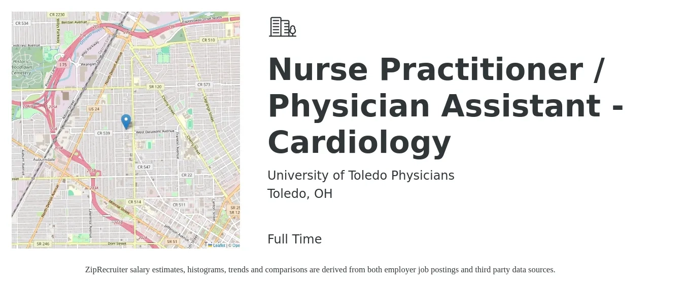 University of Toledo Physicians job posting for a Nurse Practitioner / Physician Assistant - Cardiology in Toledo, OH with a salary of $99,800 to $129,100 Yearly with a map of Toledo location.