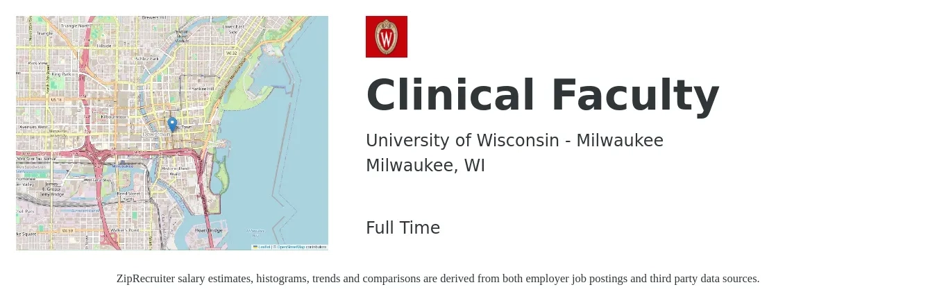 University of Wisconsin - Milwaukee job posting for a Clinical Faculty in Milwaukee, WI with a salary of $76,800 to $130,100 Yearly with a map of Milwaukee location.