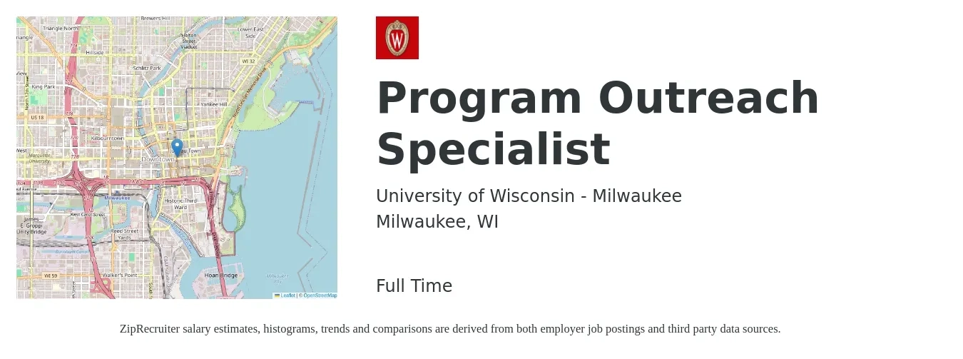University of Wisconsin - Milwaukee job posting for a Program Outreach Specialist in Milwaukee, WI with a salary of $20 to $29 Hourly with a map of Milwaukee location.