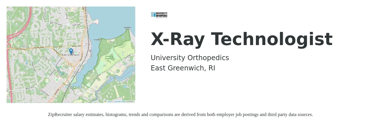 University Orthopedics job posting for a X-Ray Technologist in East Greenwich, RI with a salary of $1,230 to $2,150 Weekly with a map of East Greenwich location.