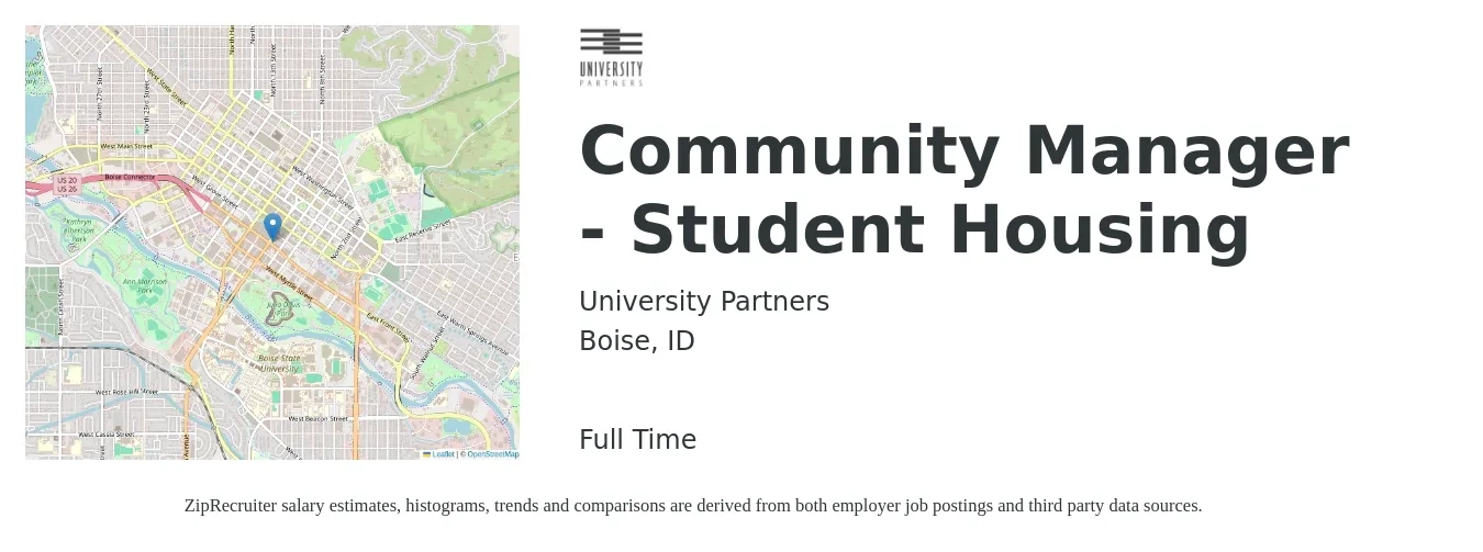 University Partners job posting for a Community Manager - Student Housing in Boise, ID with a salary of $44,700 to $63,800 Yearly with a map of Boise location.
