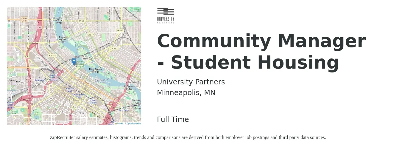 University Partners job posting for a Community Manager - Student Housing in Minneapolis, MN with a salary of $49,000 to $69,900 Yearly with a map of Minneapolis location.