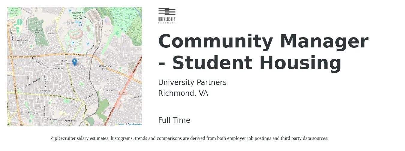University Partners job posting for a Community Manager - Student Housing in Richmond, VA with a salary of $46,600 to $66,500 Yearly with a map of Richmond location.