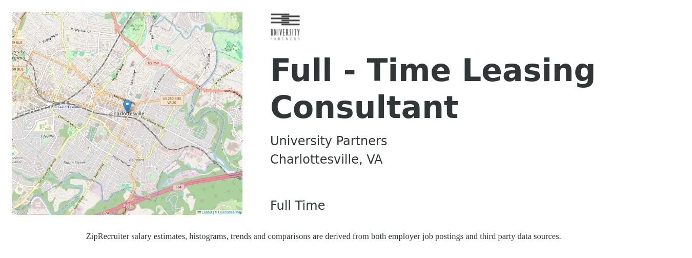 University Partners job posting for a Full - Time Leasing Consultant in Charlottesville, VA with a salary of $16 to $19 Hourly with a map of Charlottesville location.