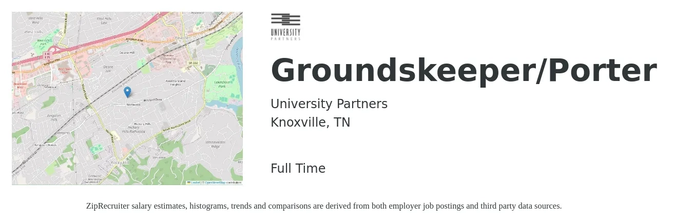 University Partners job posting for a Groundskeeper/Porter in Knoxville, TN with a salary of $14 to $17 Hourly with a map of Knoxville location.