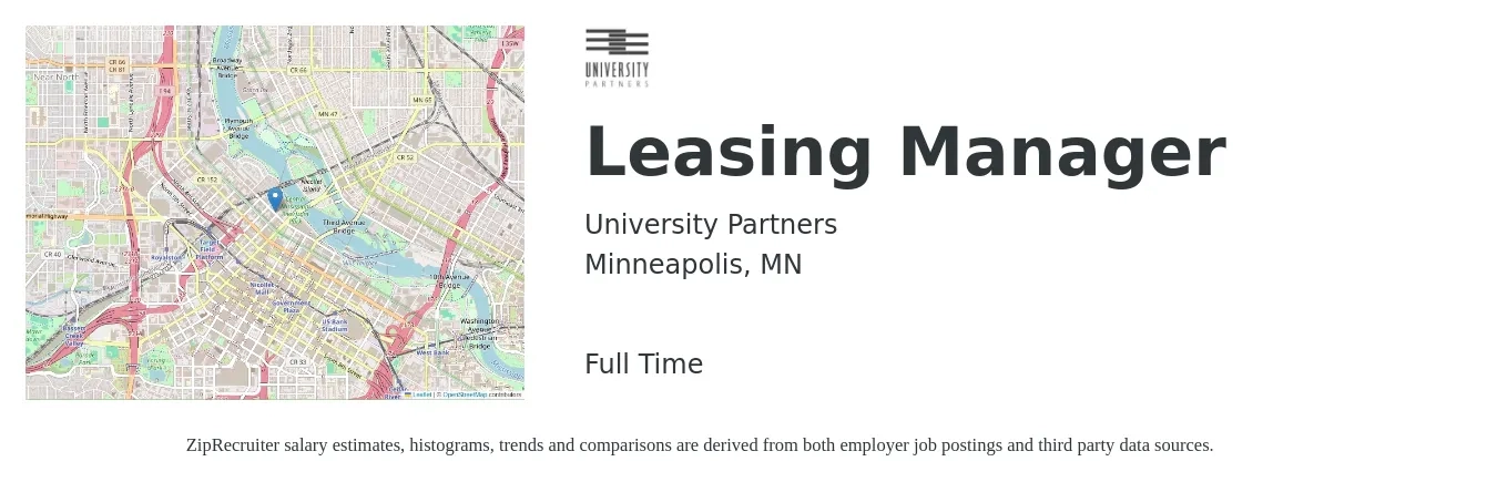 University Partners job posting for a Leasing Manager in Minneapolis, MN with a salary of $48,000 to $126,300 Yearly with a map of Minneapolis location.
