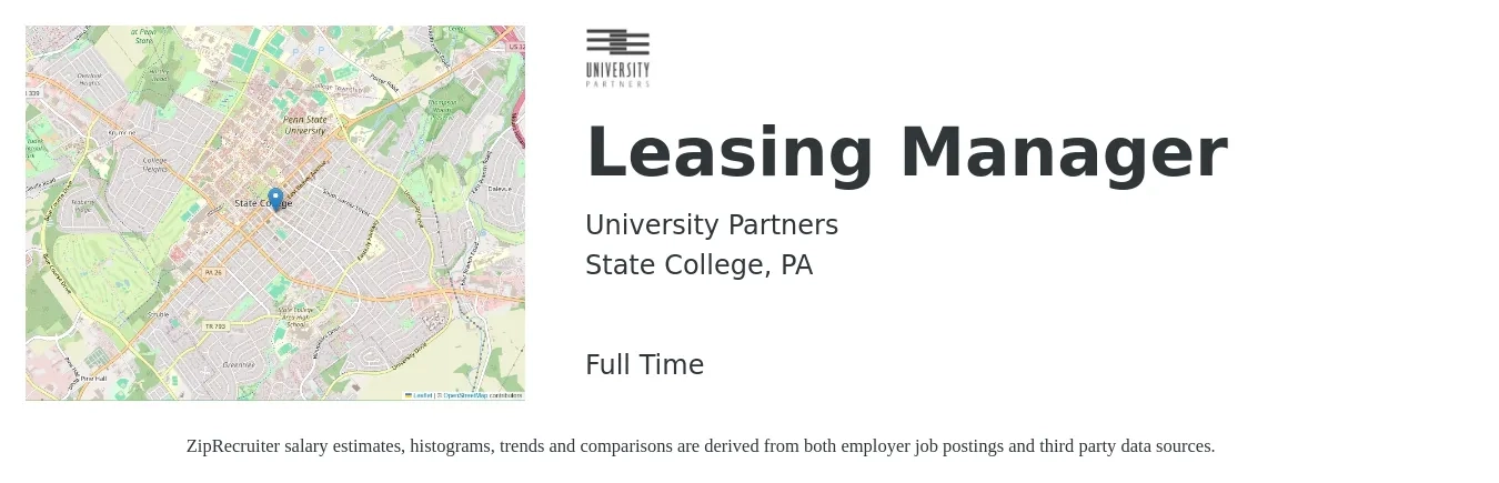 University Partners job posting for a Leasing Manager in State College, PA with a salary of $44,900 to $118,000 Yearly with a map of State College location.