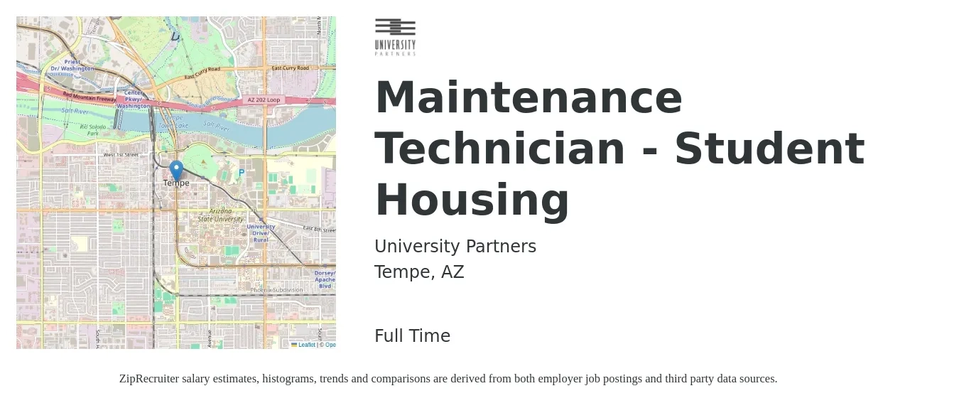 University Partners job posting for a Maintenance Technician - Student Housing in Tempe, AZ with a salary of $23 to $39 Hourly with a map of Tempe location.