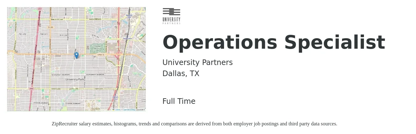 University Partners job posting for a Operations Specialist in Dallas, TX with a salary of $43,900 to $74,600 Yearly with a map of Dallas location.