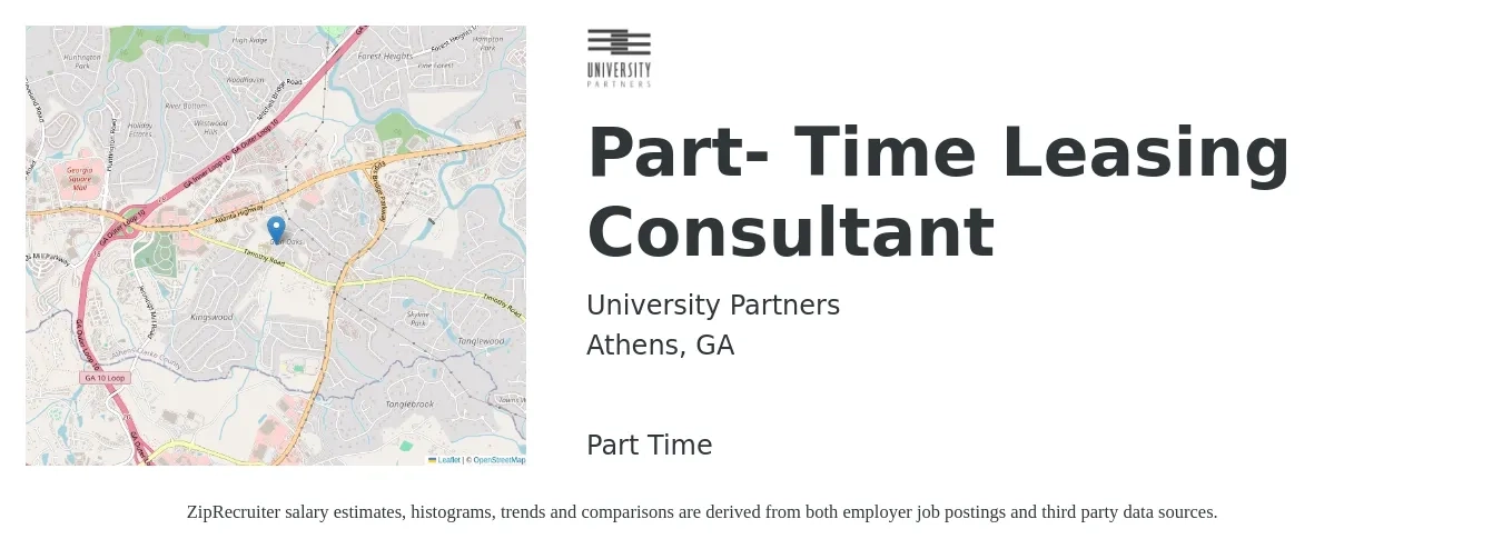 University Partners job posting for a Part- Time Leasing Consultant in Athens, GA with a salary of $14 to $17 Hourly with a map of Athens location.