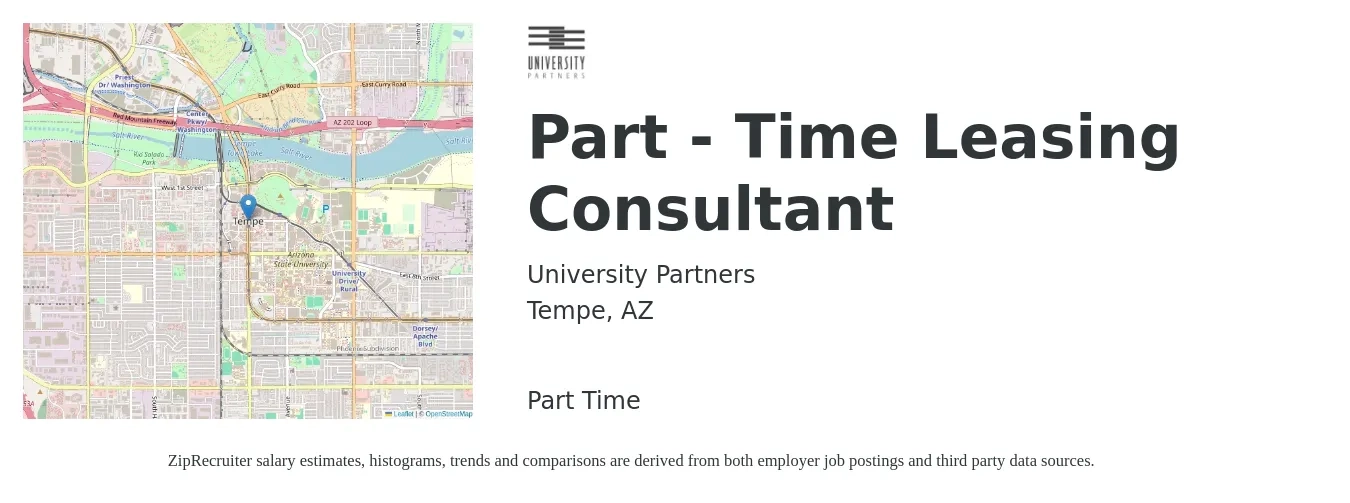 University Partners job posting for a Part - Time Leasing Consultant in Tempe, AZ with a salary of $16 to $19 Hourly with a map of Tempe location.