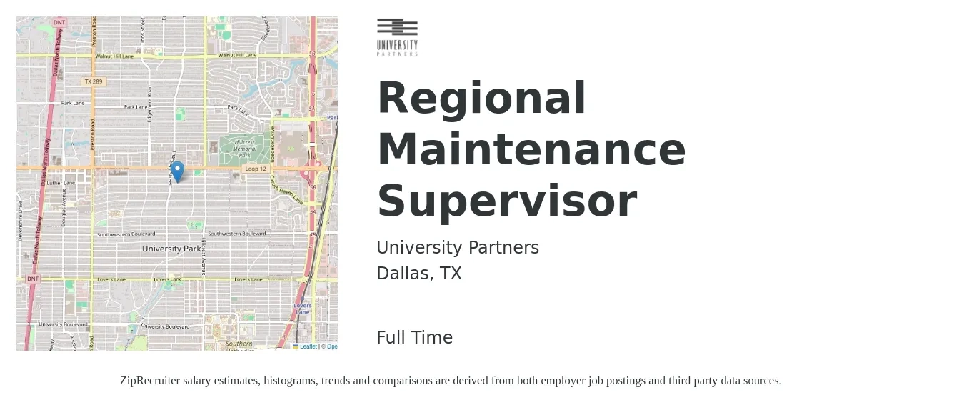 University Partners job posting for a Regional Maintenance Supervisor in Dallas, TX with a salary of $64,300 to $83,100 Yearly with a map of Dallas location.