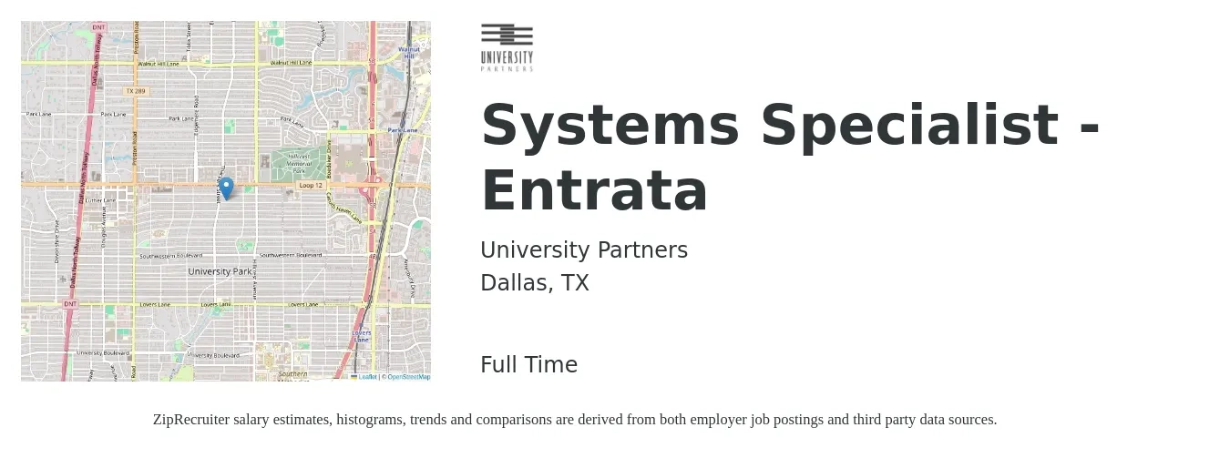 University Partners job posting for a Systems Specialist - Entrata in Dallas, TX with a salary of $43,000 to $84,100 Yearly with a map of Dallas location.