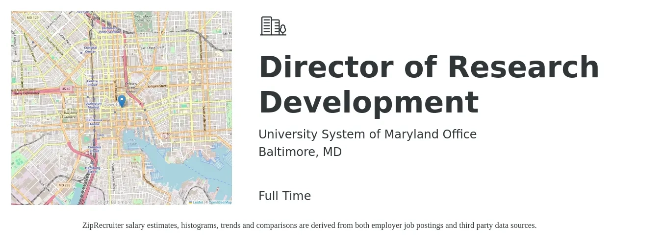 University System of Maryland Office job posting for a Director of Research Development in Baltimore, MD with a salary of $134,100 to $192,800 Yearly with a map of Baltimore location.
