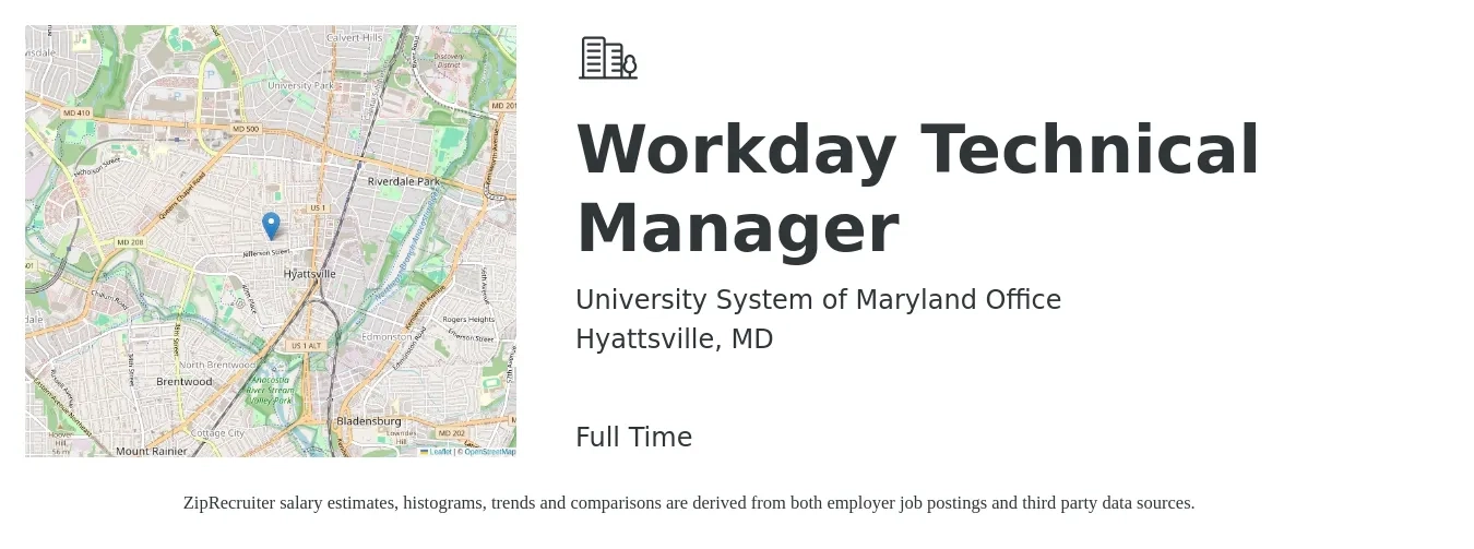 University System of Maryland Office job posting for a Workday Technical Manager in Hyattsville, MD with a salary of $47,600 to $92,300 Yearly with a map of Hyattsville location.