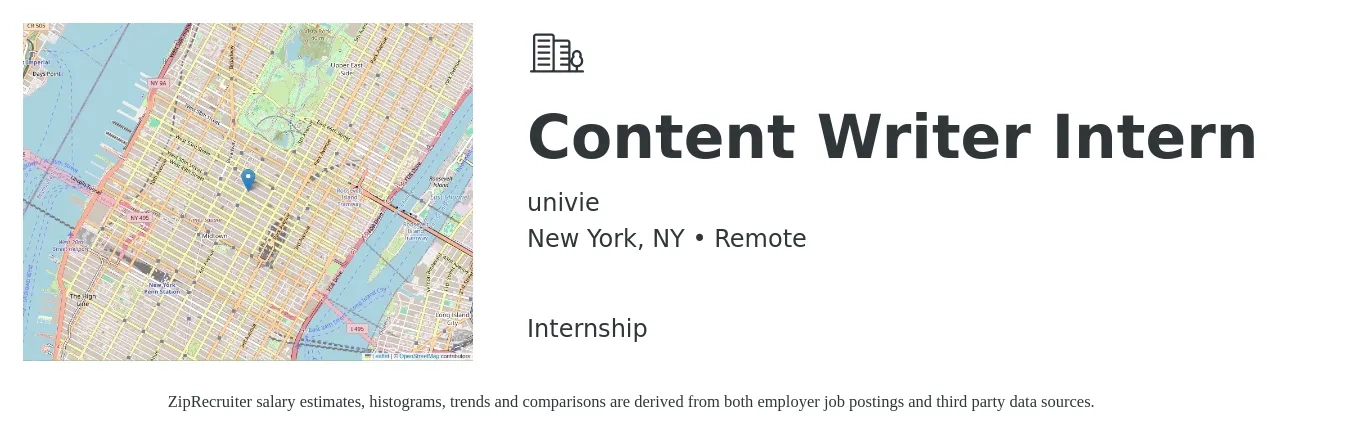 univie job posting for a Content Writer Intern in New York, NY with a salary of $27 to $53 Hourly with a map of New York location.