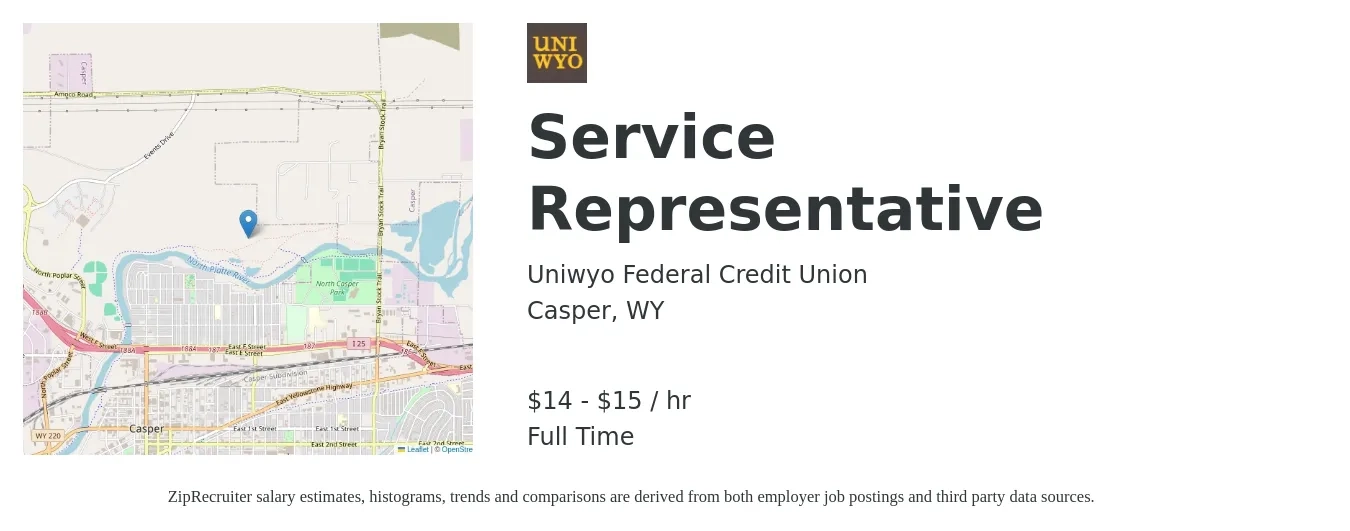 Uniwyo Federal Credit Union job posting for a Service Representative in Casper, WY with a salary of $15 to $16 Hourly with a map of Casper location.