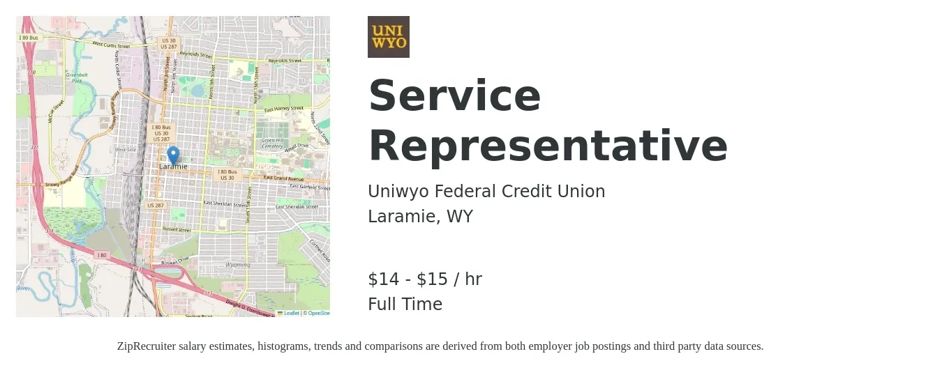 Uniwyo Federal Credit Union job posting for a Service Representative in Laramie, WY with a salary of $15 to $16 Hourly with a map of Laramie location.
