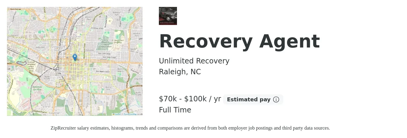 Unlimited Recovery job posting for a Recovery Agent in Raleigh, NC with a salary of $60,000 to $120,000 Yearly with a map of Raleigh location.