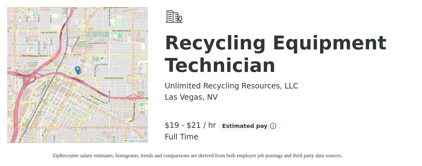 Unlimited Recycling Resources, LLC job posting for a Recycling Equipment Technician in Las Vegas, NV with a salary of $20 to $22 Hourly with a map of Las Vegas location.